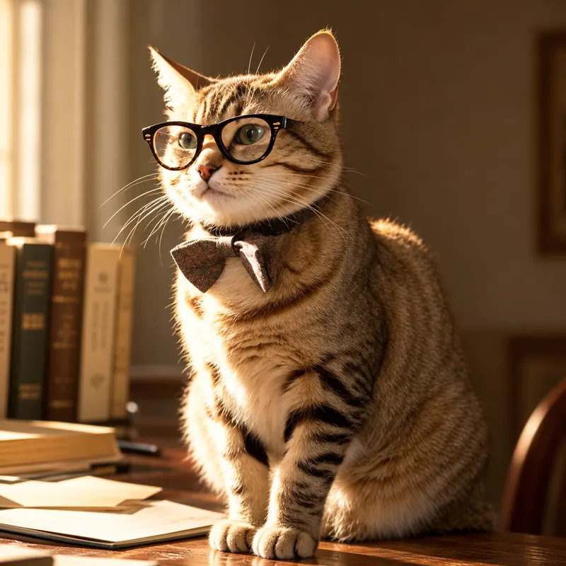Focus, le chat de l’Agence Regar, avec des lunettes et un nœud papillon, assis sur un bureau