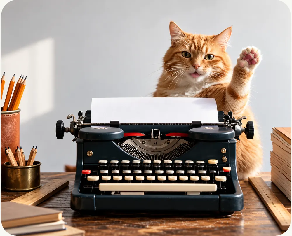 Focus, le chat de l’Agence Regar, lève la patte pour saluer derrière une machine à écrire